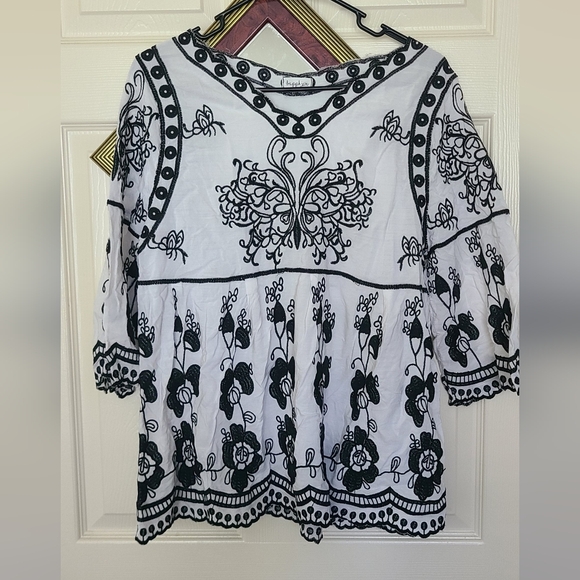 sapphire Tops - Embroidered Black and White Women's Top